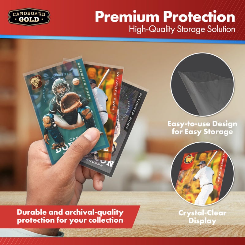 كاردبورد جولد أغطية كرتونية ذهبية اللون لبطاقات التداول - 100 غطاء حماية للبطاقات مصنوع من بلاستيك متين وشفاف تمامًا لبطاقات البيسبول والرياضة وبطاقات التجميع والبطاقات ذات الحجم القياسي 2-5/8 × 3-5/8 (67 × 94 مم) - Image 4